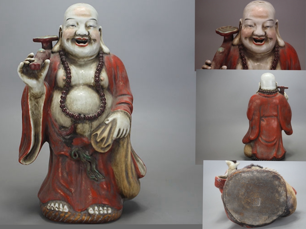 最旬ダウン民国時期粉彩彌勒佛送如意陶器置物福建會館款!高さ36cm
