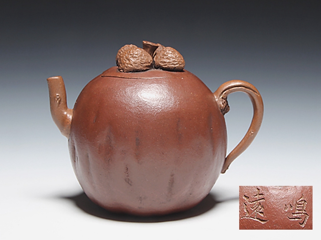 □中国 宜興紫砂 粉紫泥 松果小品壺 把款 鳴遠 160cc□箱付 www