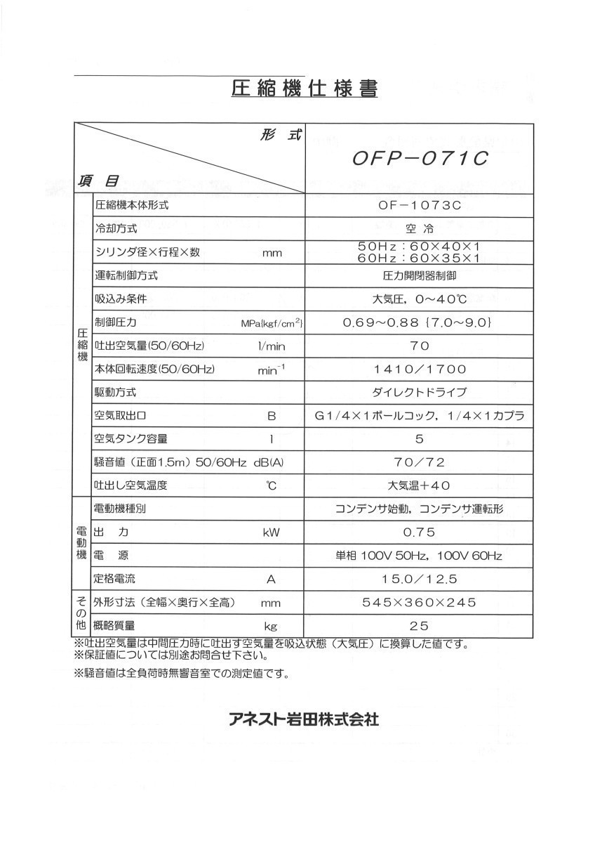 コンプレッサー アネスト岩田 OFP-07CB C6 単相100V 60hz 1馬力 オイルフリー 圧力開閉器式_画像2