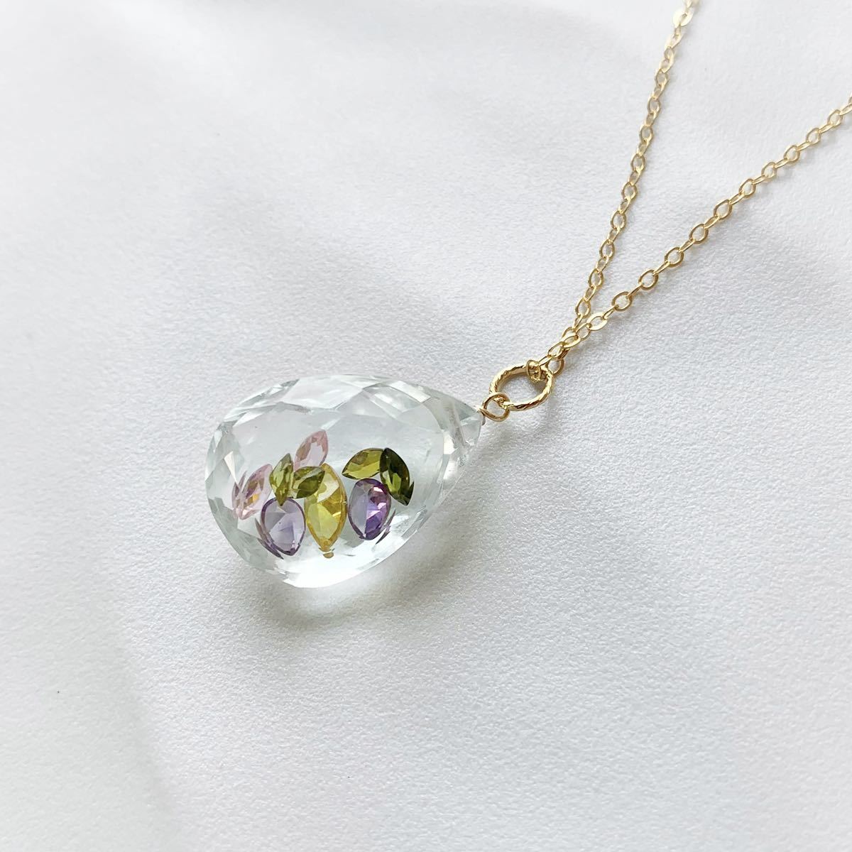 [ price cut ] multicolor zircon × crystal. necklace natural stone k14gf