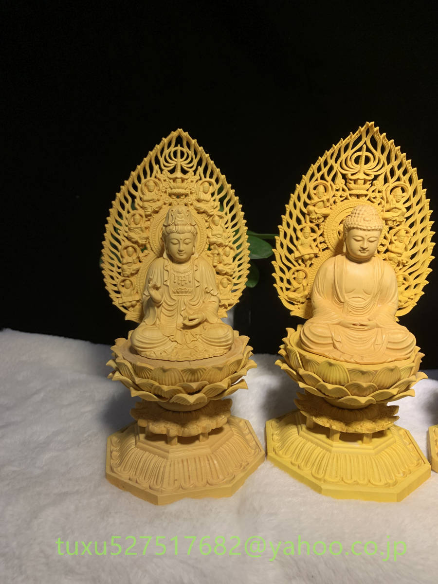 送料無料☆仏教美術 仏像 木彫 釈迦如来三尊座像 仏教美術 置物 地蔵 