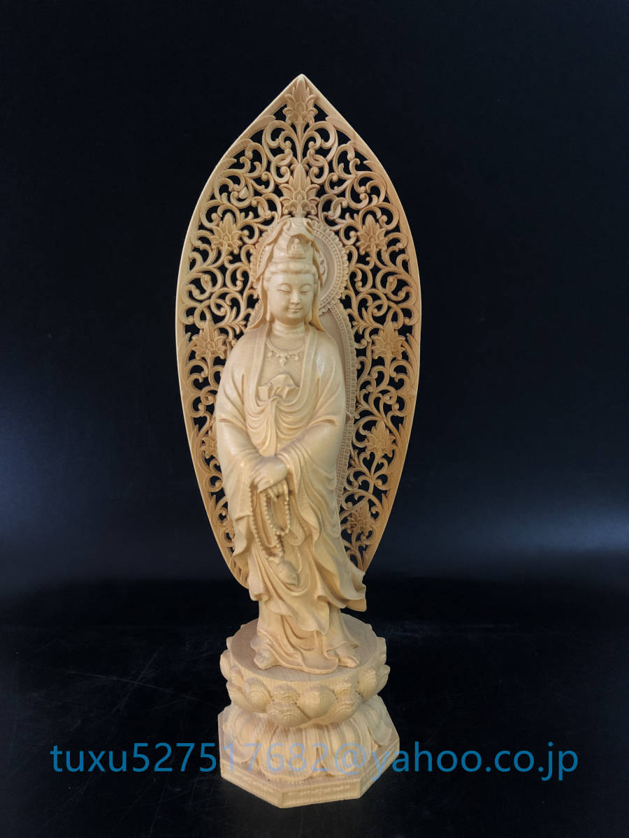 いいスタイル 新作 極上彫 仏教工芸品 仏像 木彫 観音菩薩像 檜木 