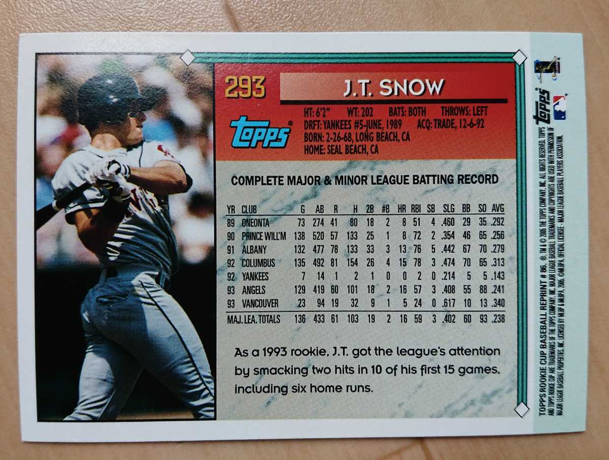 ★JT SNOW TOPPS ROOKIE CUP BASEBALL 2005 #293 MLB メジャーリーグ 大リーグ RC スノー J.T. ANGELS エンジェルス エンゼルス_画像2