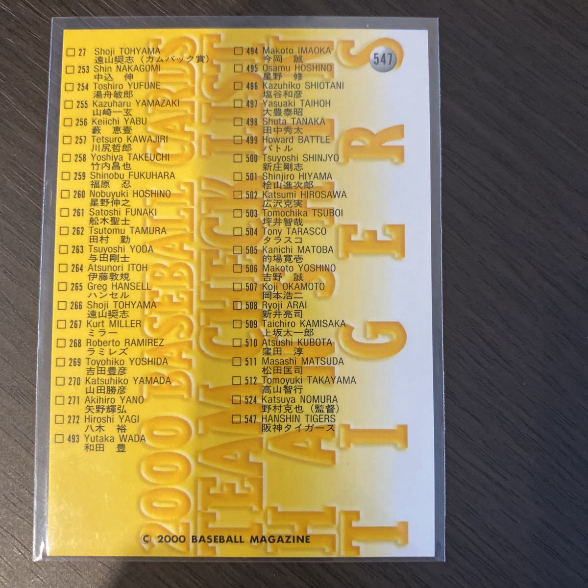 ００BBM　５４７　阪神タイガース　チェックリスト　トラッキー　カード_画像2