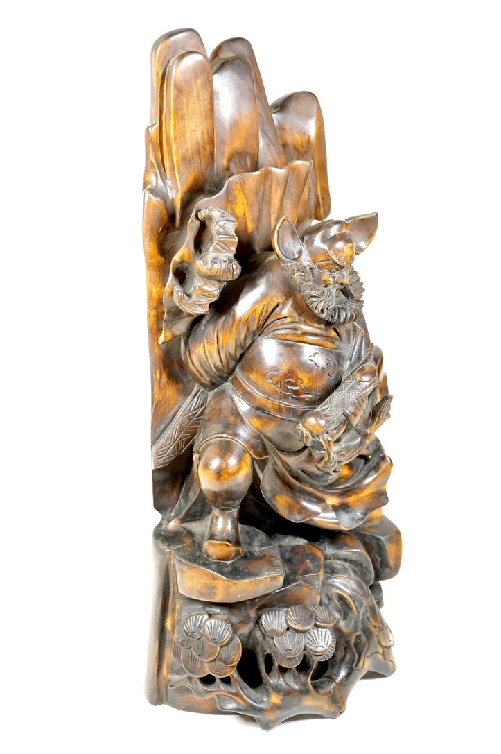 中国古美術細密透彫鍾馗像一刀彫り魔除高さ35cm 一本の丸太から彫刻し