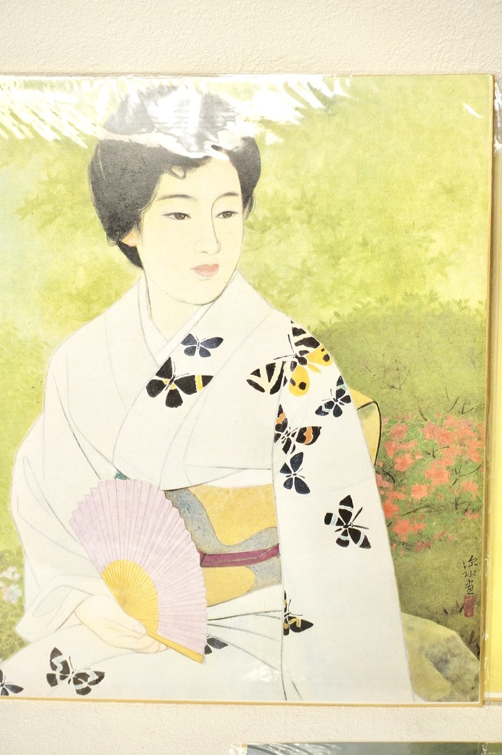 日本美術・美人画の名手 伊東深水　夏の名作　複製画色紙5枚揃え 「初夏の庭・紫陽花・団扇・出湯・夏の宵」　ISM_画像3