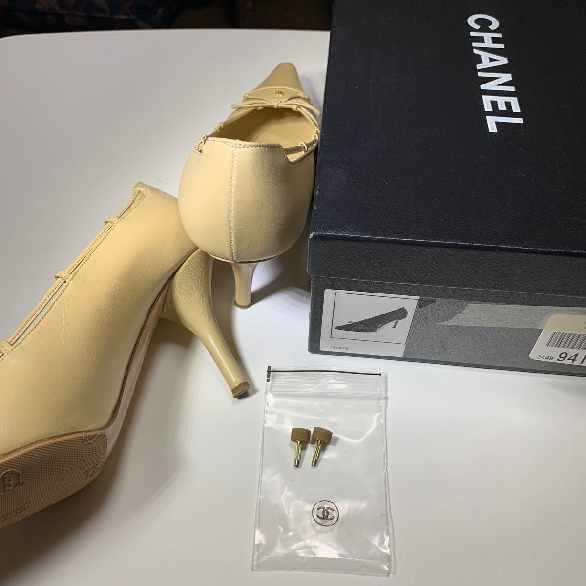 CHANEL シャネル ベージュ リボンパンプス37 1/2 C 24cm 極美品 裏張り