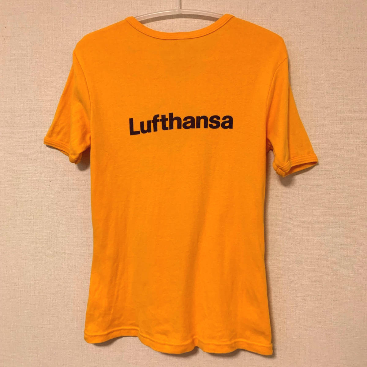 難あり Lufthansa ルフトハンザ 西ドイツ製ロゴTシャツ Mサイズ オレンジ×ネイビー 送料無料 アンティーク ヴィンテージ マニア 希少 レア_画像2