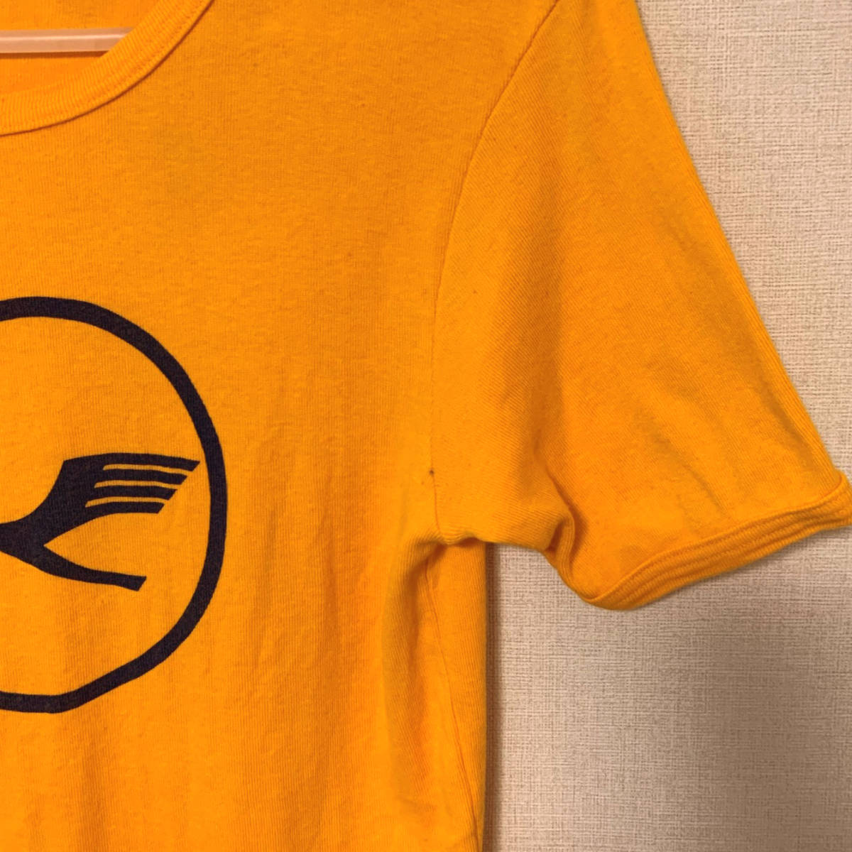 難あり Lufthansa ルフトハンザ 西ドイツ製ロゴTシャツ Mサイズ オレンジ×ネイビー 送料無料 アンティーク ヴィンテージ マニア 希少 レア_画像4