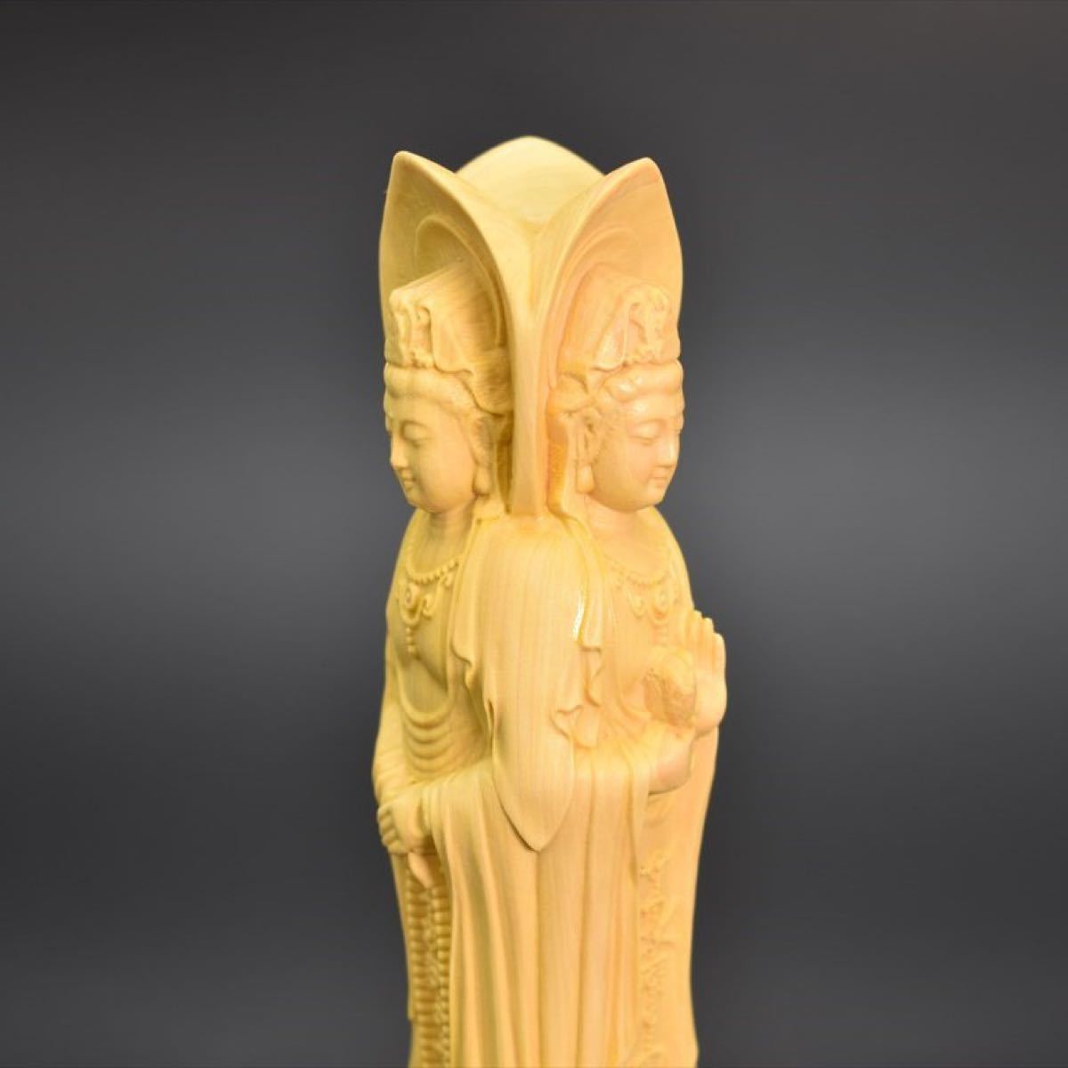 木彫り仏像　三面観音菩薩　 観音菩薩 仏像 木彫り 仏教美術 高品質 木彫