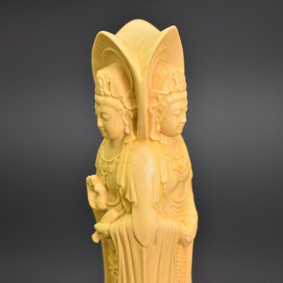 木彫り仏像　三面観音菩薩　 観音菩薩 仏像 木彫り 仏教美術 高品質 木彫