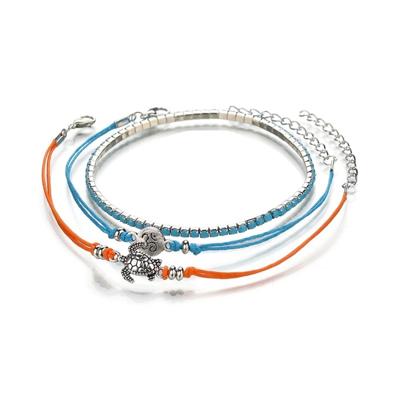 *3 ream cord blue orange turtle silver anklet beach sea bohemi Anne casual pair neck summer element pair . pair * new goods unused * free shipping *