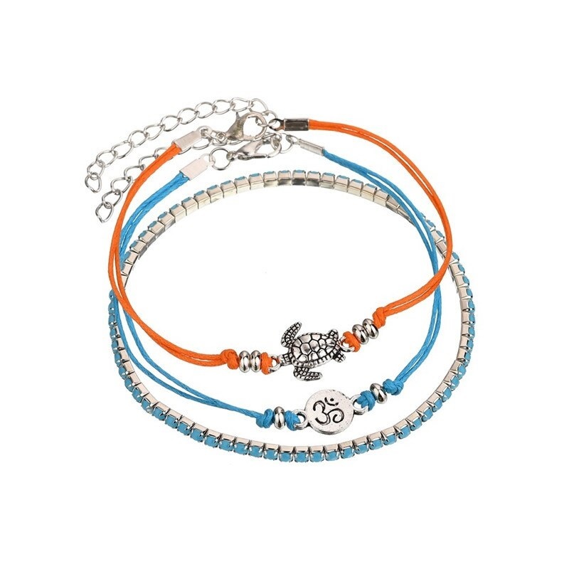 *3 ream cord blue orange turtle silver anklet beach sea bohemi Anne casual pair neck summer element pair . pair * new goods unused * free shipping *
