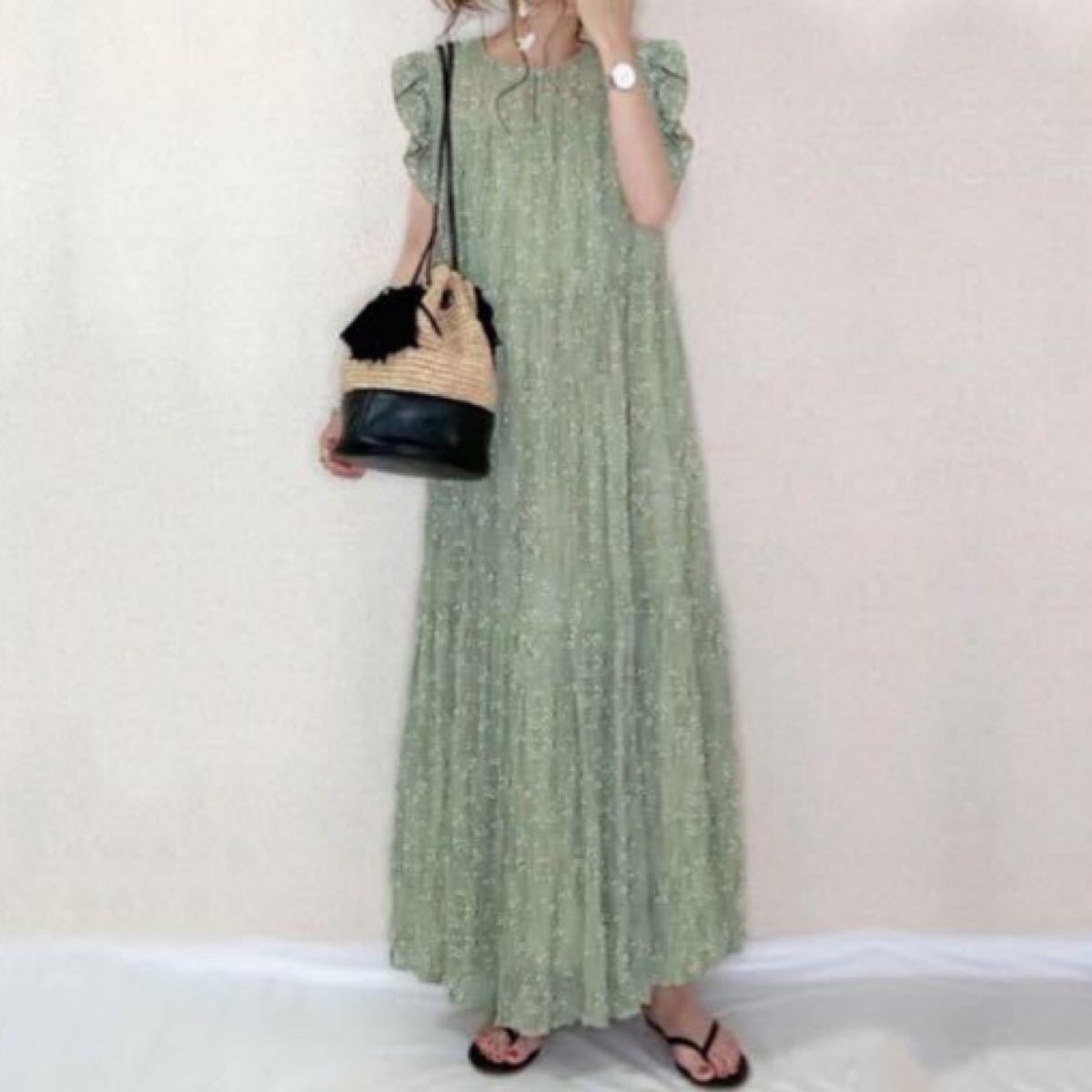 Paypayフリマ くすみグリーン 小花 ロング ワンピース フリル袖 シースルー 夏服 ロング丈ワンピース インナーワンピース セット ふわり生地 Paypayフリマ くすみグリーン 小花 ロング ワンピース フリル袖 シースルー 夏服 ロング丈ワンピース インナーワンピース セット ふわり生地