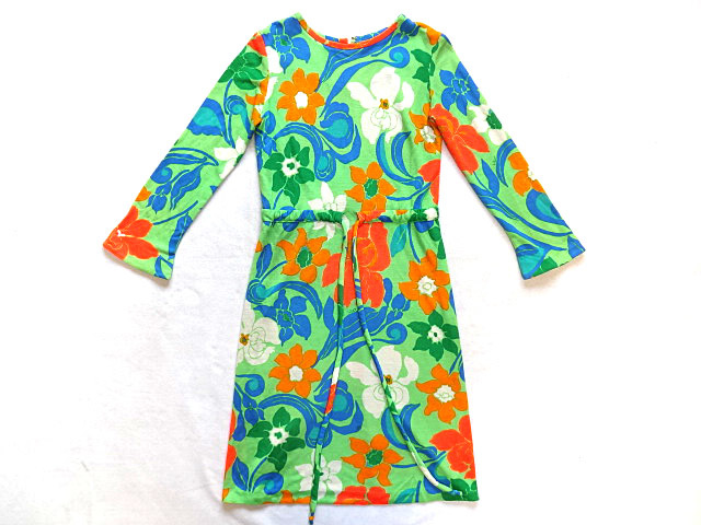 ビンテージ LILLY PULITZER 希少 60S 70S デザイナーズ ボタニカル 総柄 プリント ポリエステル ワンピース ウエスト コード 緑 グリーン _画像1