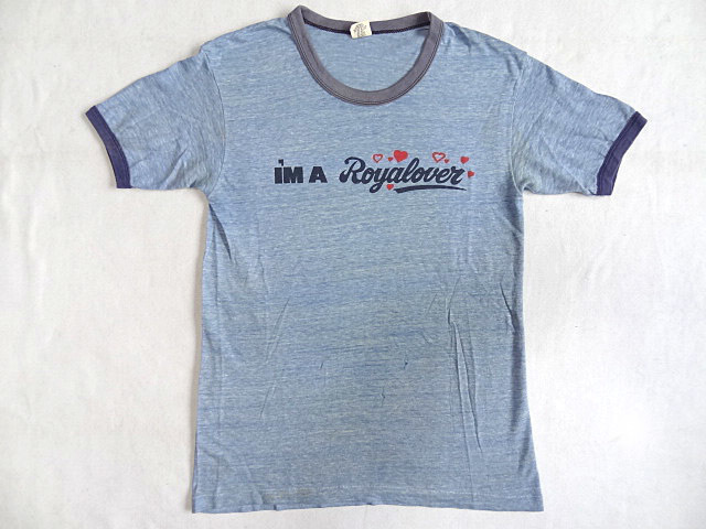 ビンテージ HANES ヘインズ 70S 三角 タグ ブルー 霜降り ナス紺 トリム リンガー Tシャツ パロディ プリント USA カラー 色 レア 雰囲気_画像1