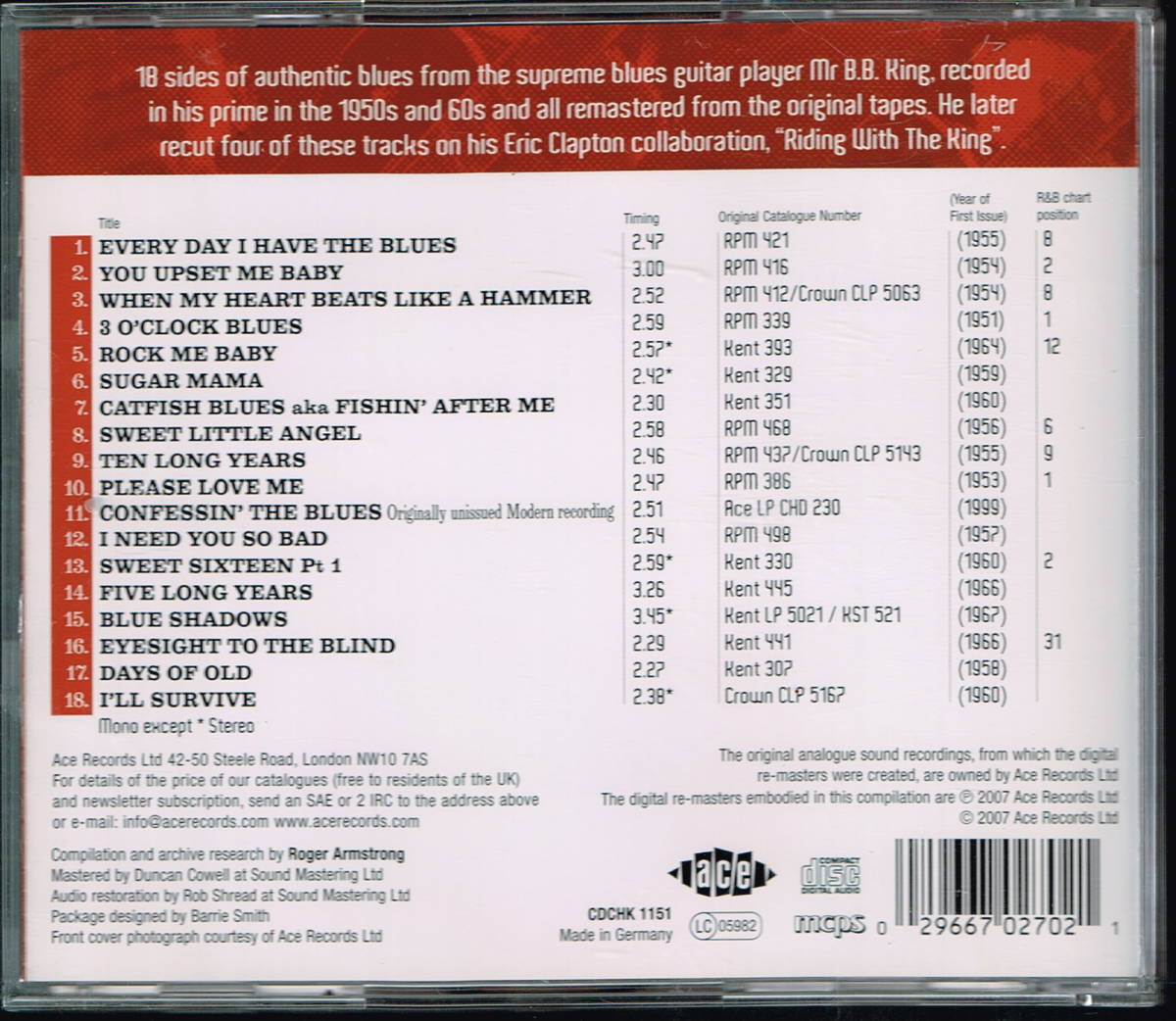 ◆CD ”まとめて取引で送料無料” B.B.キング　B.B. King : Best Of The Blues Guitar King 1951-1966 輸入盤 美品中古_画像2