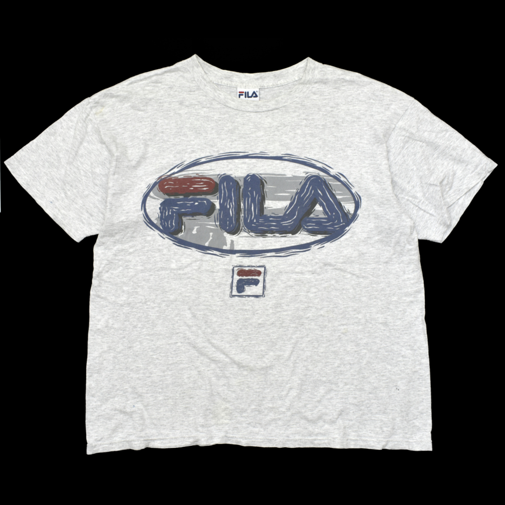90s usa vintage FILA フィラ ビッグロゴ プリント Tシャツ 杢グレー size.L_画像1