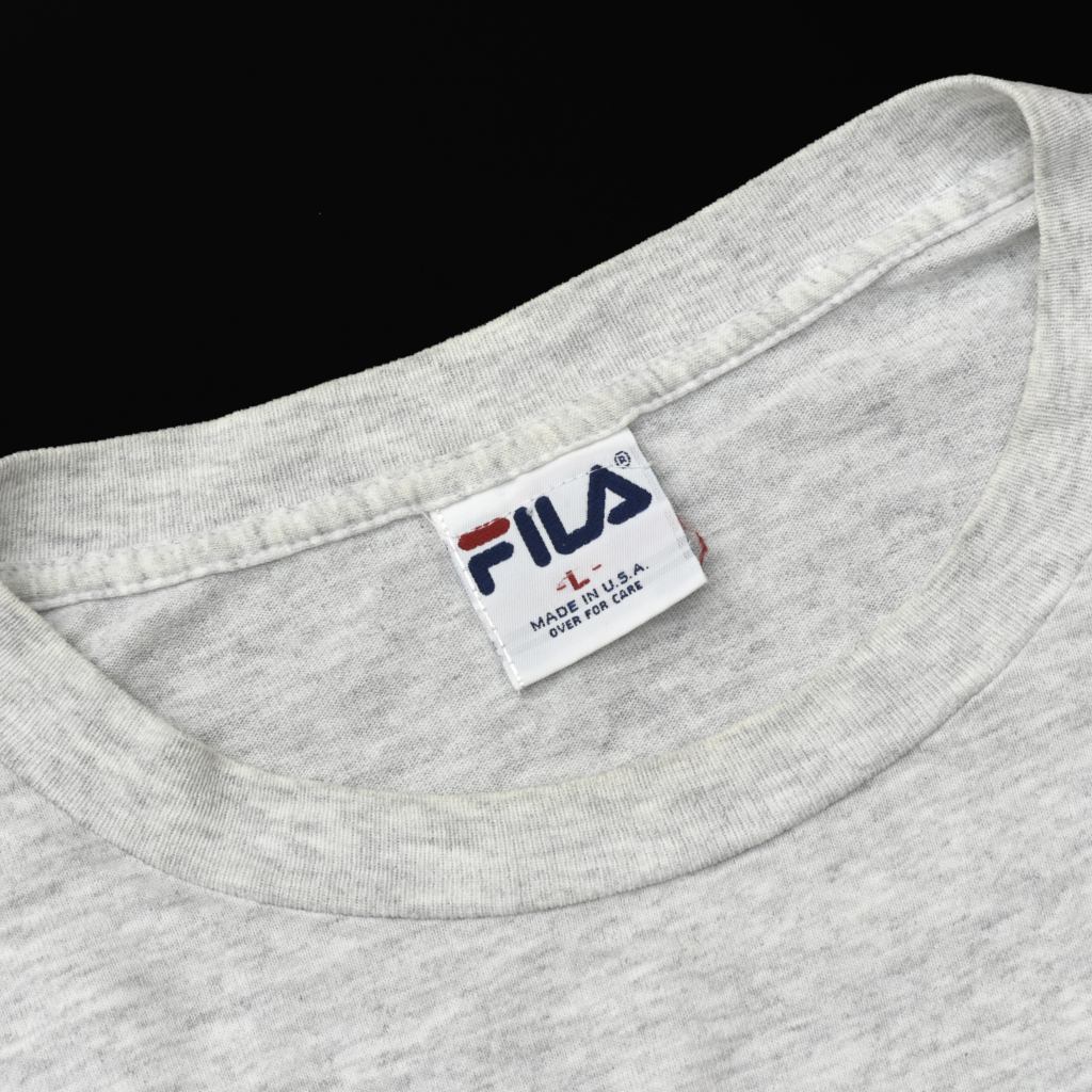 90s usa vintage FILA フィラ ビッグロゴ プリント Tシャツ 杢グレー size.Lの画像3