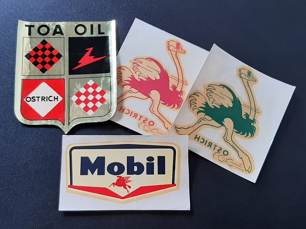  old car sticker decal Mobil higashi . oil Ostrich at that time goods 4 pieces set!* Mobil TOA OIL OSTRICH gasoline stand Showa Retro 