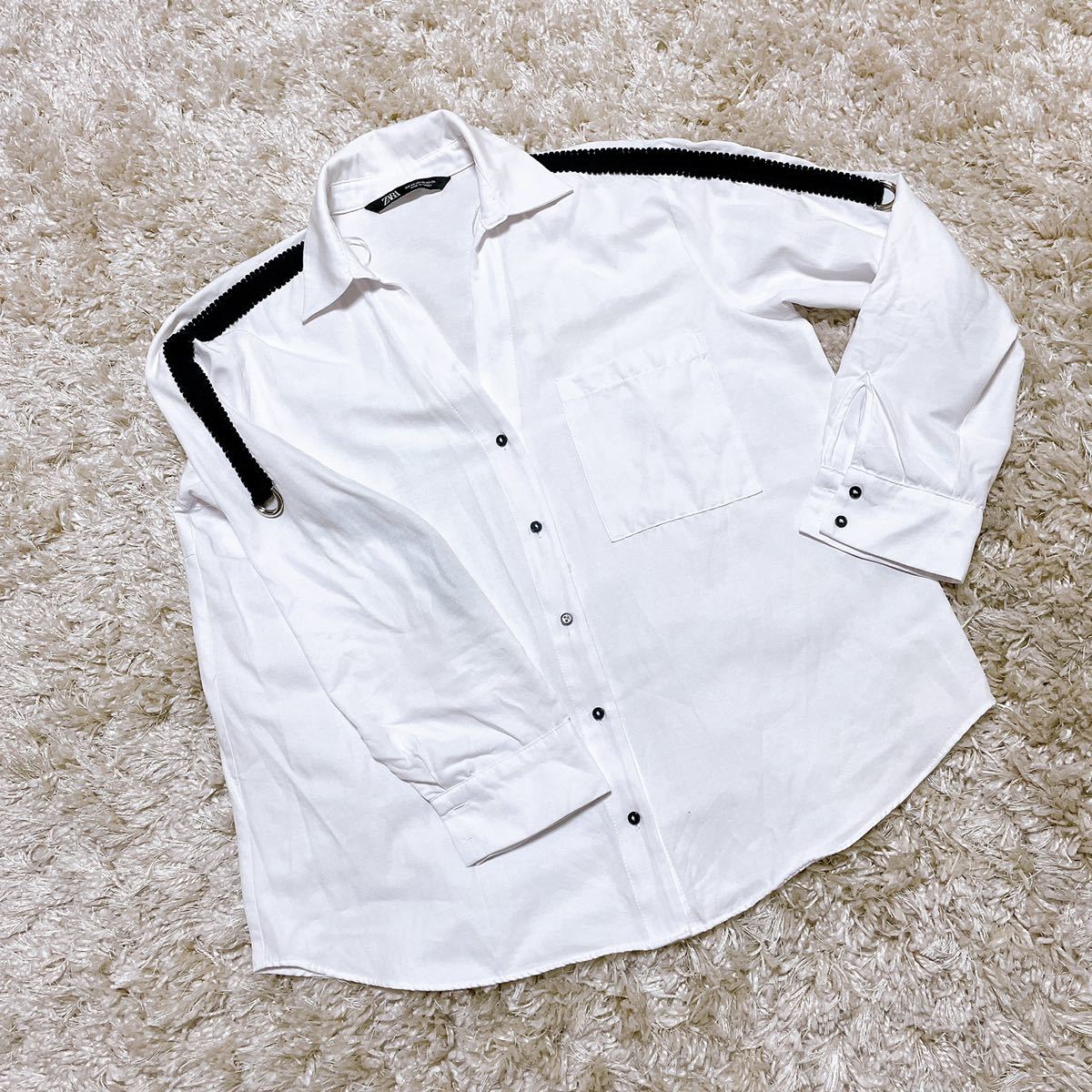 ZARA ザラ XS 白 ブラウス 長袖シャツ ビッグシルエット 濃紺 サイドライン　美品 ホワイト 白シャツ