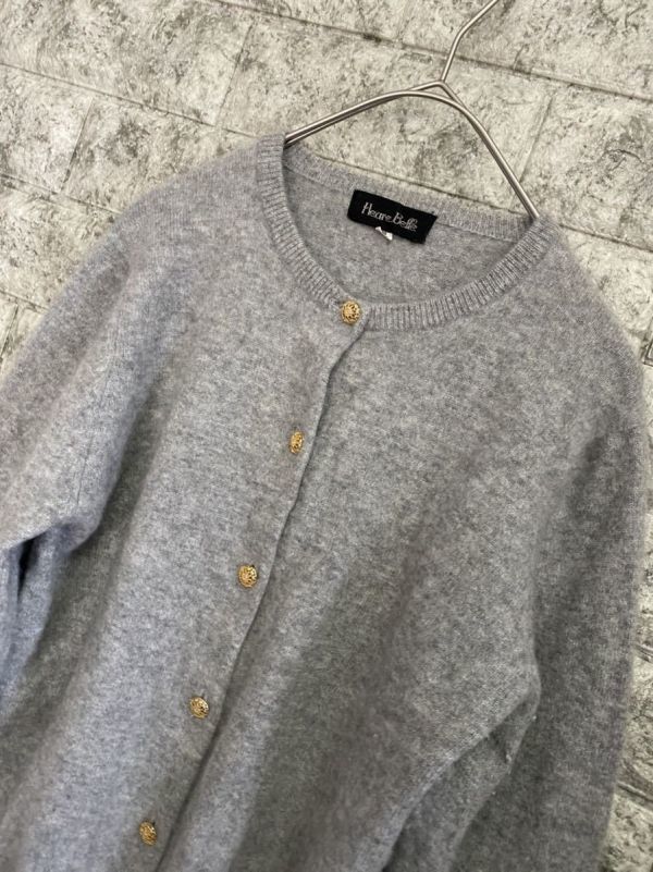  high class fine quality cashmere 100% long sleeve knitted cardigan gray lady's S size gold button left sleeve repair equipped 