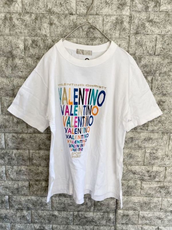 valentino　sport　ヴァレンティノ　刺繍ビッグロゴ　半袖Tシャツ　メンズ　Mサイズ　ホワイト　レトロ　古着_画像1