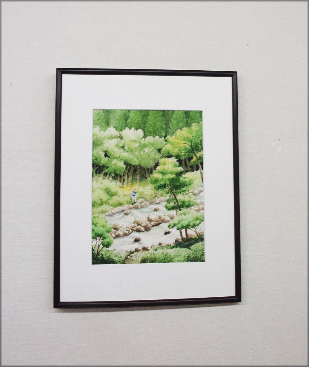 絵画】「渓流の釣り」 水彩画 fuji-jk.co.jp