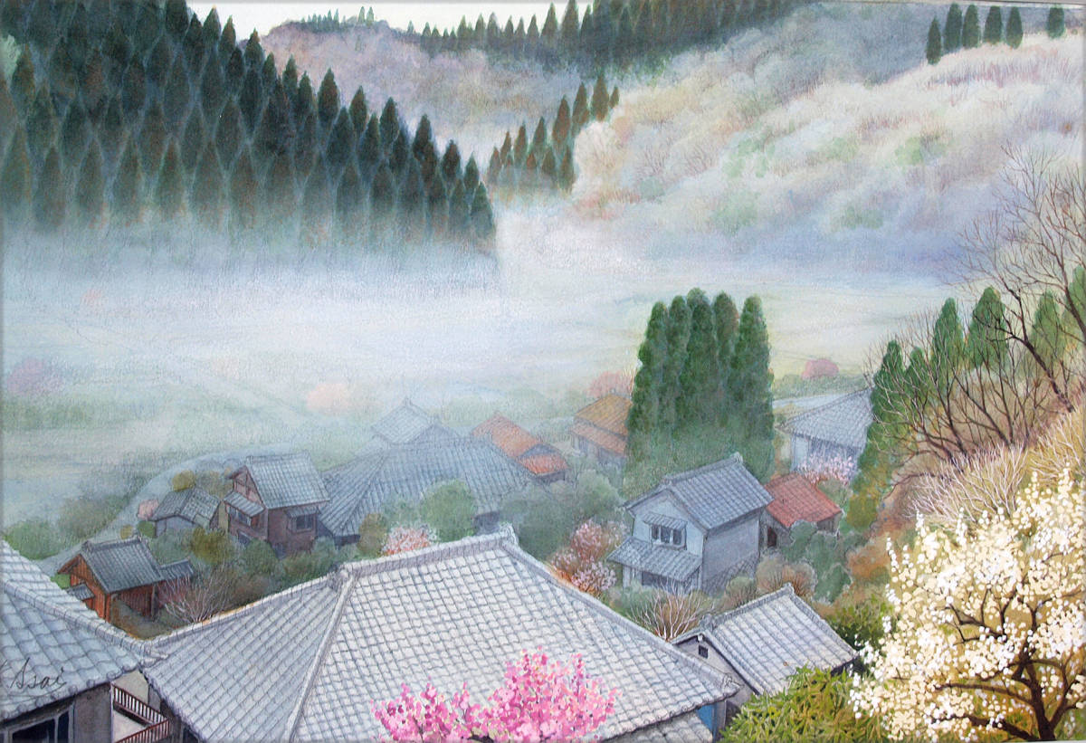 【絵画】「朝霧につつまれて～ 梅の花咲くころ」 水彩画　真作