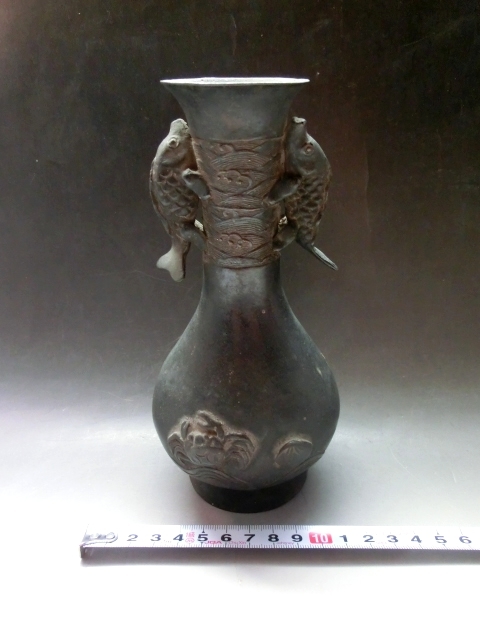 花瓶■古銅製耳付き魚蟹蛤瓶 花器 ラッパ口(江戸期) 古美術 唐銅 時代物 骨董品 上物■