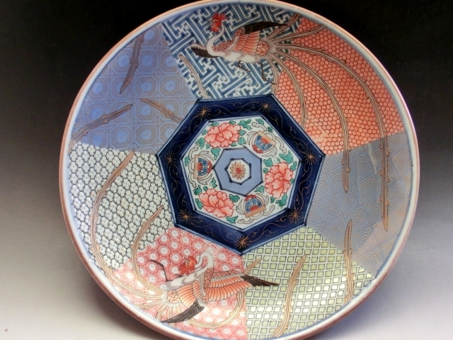  large plate # phoenix geometrical pattern overglaze enamels plate 7 angle flower Tang .. old Imari ( Edo latter term ~ Meiji period ) red . old fine art era thing old antique goods #