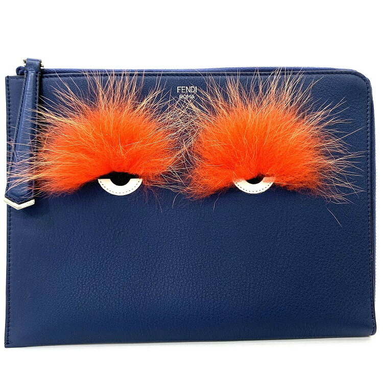 人気カラーの クラッチバッグ フェンディ ネイビー ファー FENDI 中古