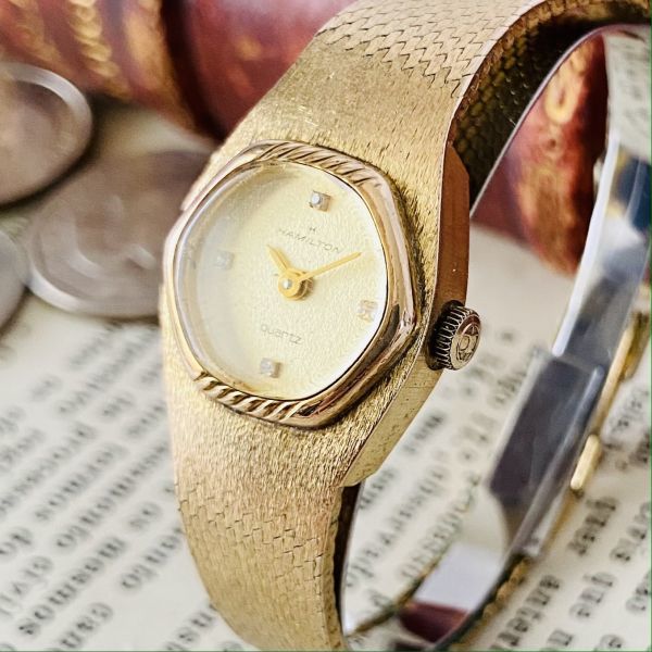 【高級時計ハミルトン】Hamilton クォーツ 腕時計 レディース ビンテージ ブレスレット カクテル ウォッチ クリスタル