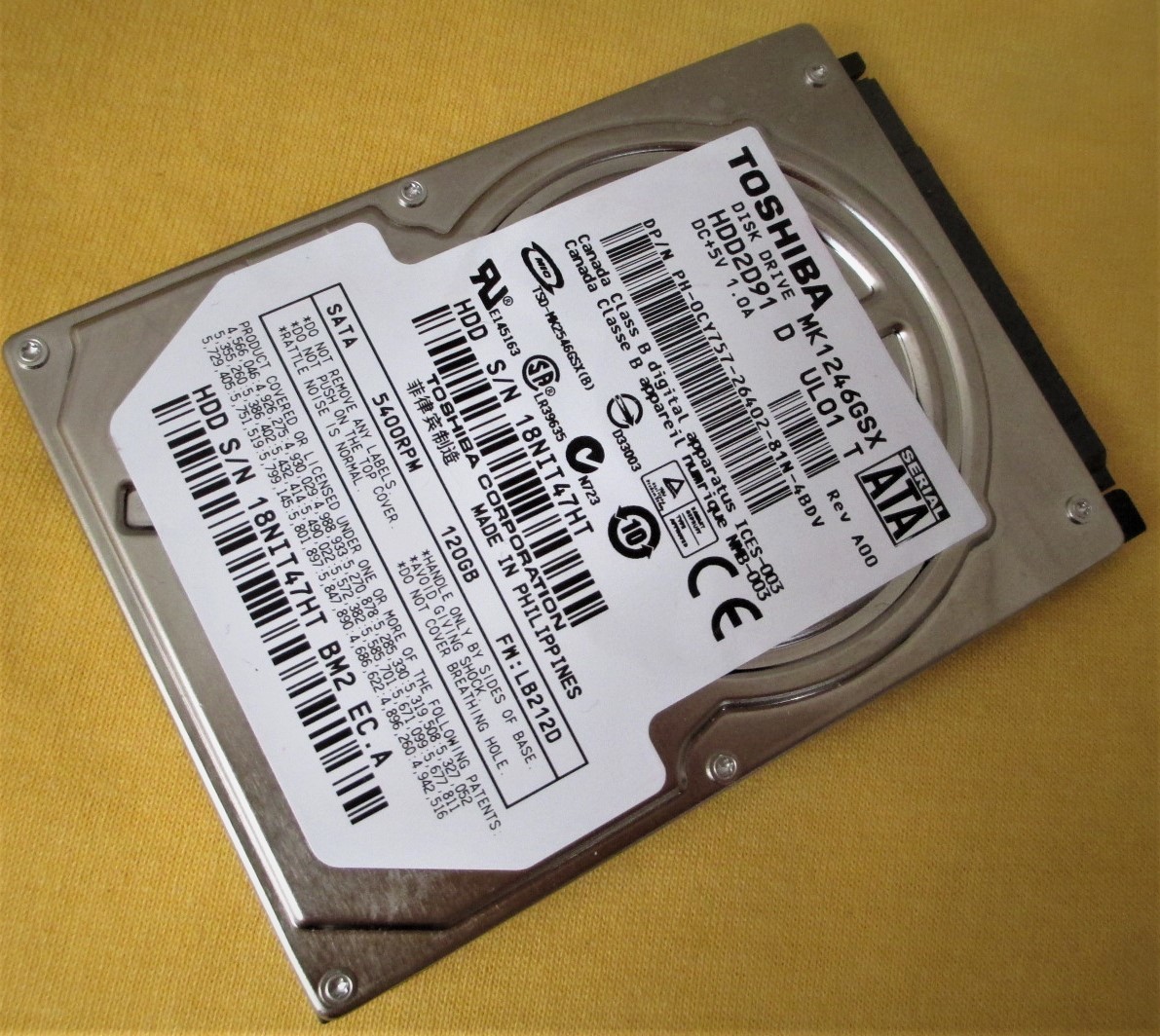 【東芝】MK1246GSX SATA-120Gバイト-2.5”-9ｍ厚-HDD(使用時間 494227h)＝JUNK_画像1