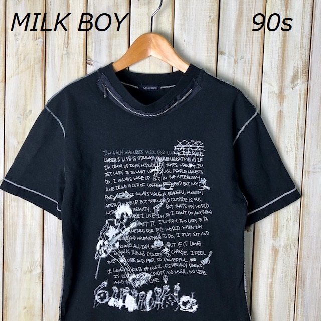 JTP●47 90s MILK BOY ジップTシャツ パンクス ストリート オールド ヴィンテージ 黒 アーカイブ PUNK パンクファッション ミルクボーイ