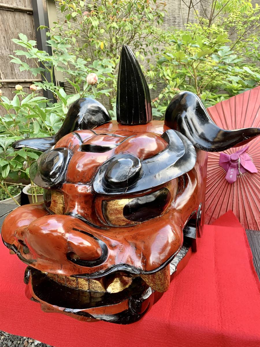 ☆大迫力特大希少獅子頭獅子舞日本伝統工芸神社仏閣木彫り木製漆塗り