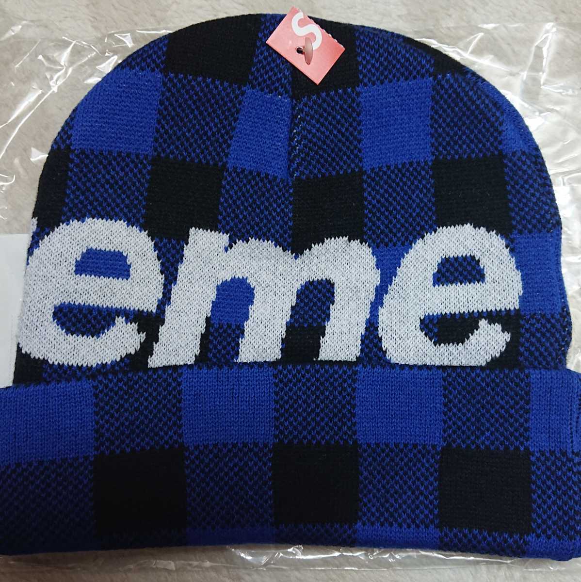 新品 Supreme Big Logo Beanie Blue Plaid カシミヤ ニット帽 ニットキャップ ビーニー ブロックチェック