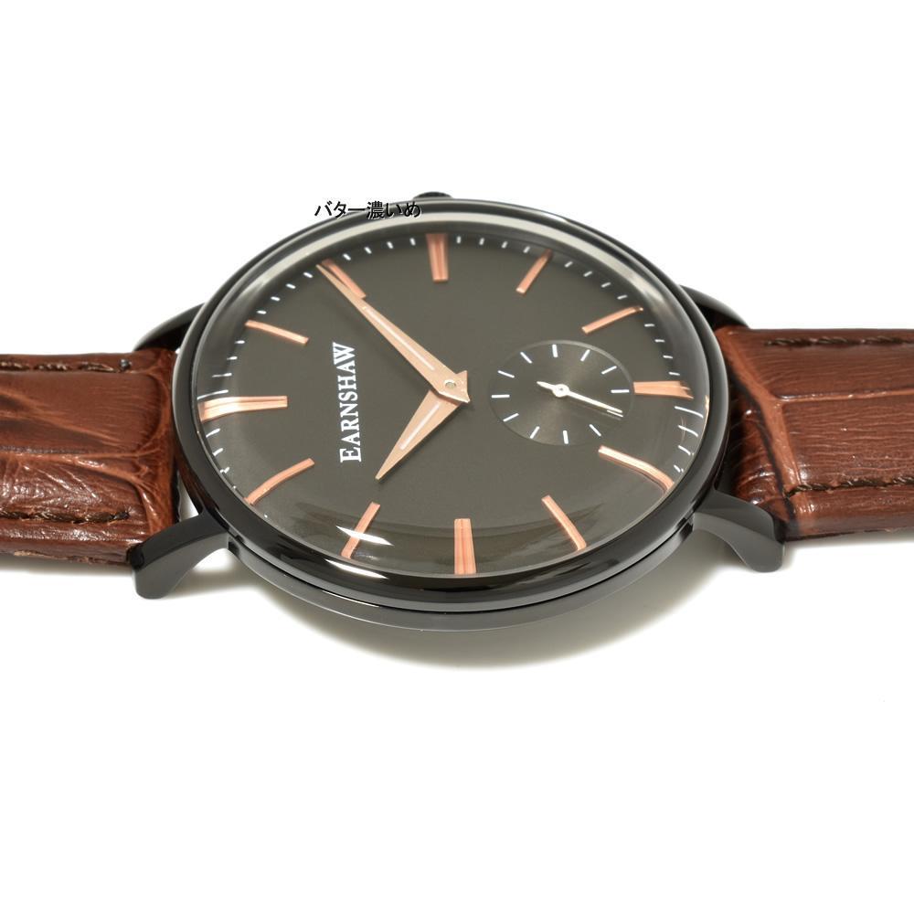EARNSHAW 腕時計 メンズ クオーツ ブラウン革ベルト レザーベルト ES-8078 スモールセコンド クラシック ブラック×ローズ文字盤 新品 