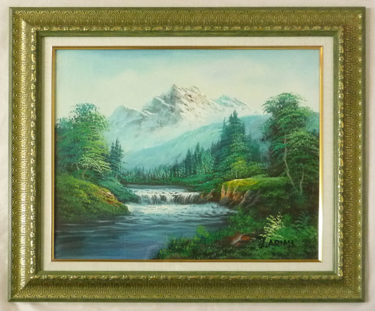 額装油絵 額装絵画 肉筆絵画「アルプスの山と川」-F10号-新品 額装油絵 額装絵画 肉筆絵画「アルプスの山と川」-F10号-新品