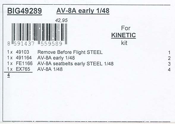 エデュアルド BIG49289 1/48 BIG ED　AV-8A (初期型)　(キネティック用) エッチングパーツ・フルセット_画像2