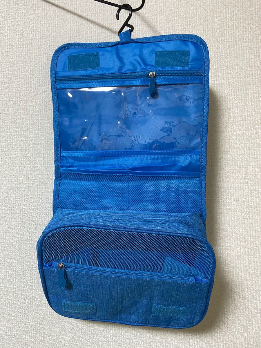 （ブルー）旅行バッグ　洗面バッグ　化粧ポーチ　陽イオン防水生地  多機能収納　折りたたみ 壁掛け 便利
