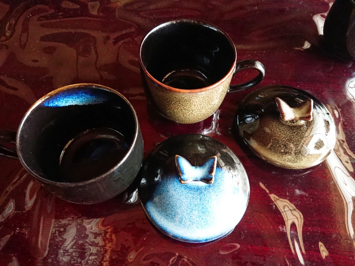 コーヒーカップ 蓋付 ５客セット 壱峰窯 コースター スプーン付 茶碗蒸し
