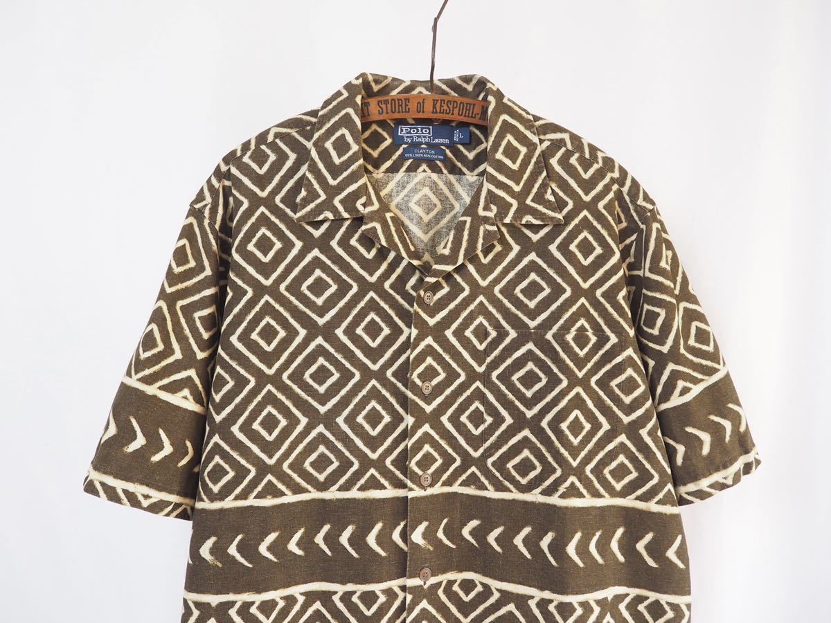 batik рисунок Polo by Ralph Lauren {CLAYTON} открытый цвет рубашка с коротким рукавом L Brown linen Polo Ralph Lauren Country 90s CALDWELL