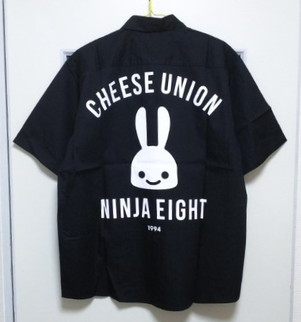 CUNE キューン 『ワークシャツ C.U.N.E.（CHEESE UNION NINJA EIGHT）』 半袖 黒 前後プリント サイズ2・身幅約61.5cm※未使用品/タグ付き_商品名は『C.U.N.E.』