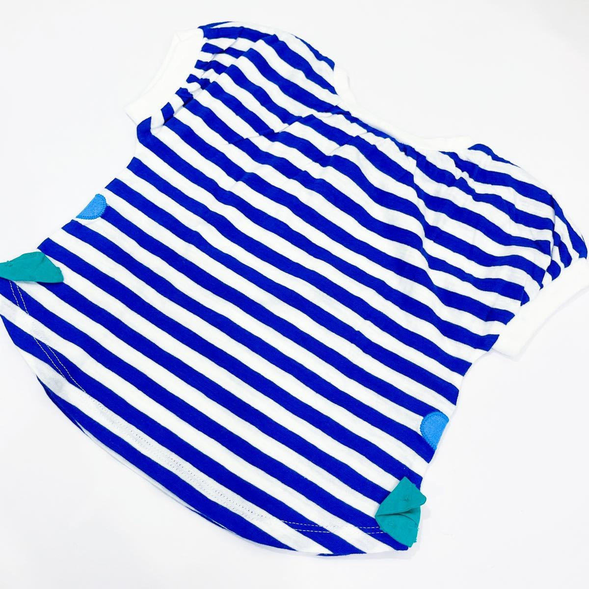 【新品未使用】petit jam プチジャム 半袖Tシャツ ボーダー ブルー 花 キッズ 90cm トップス パフスリーブ　ネイビー　アップリケ