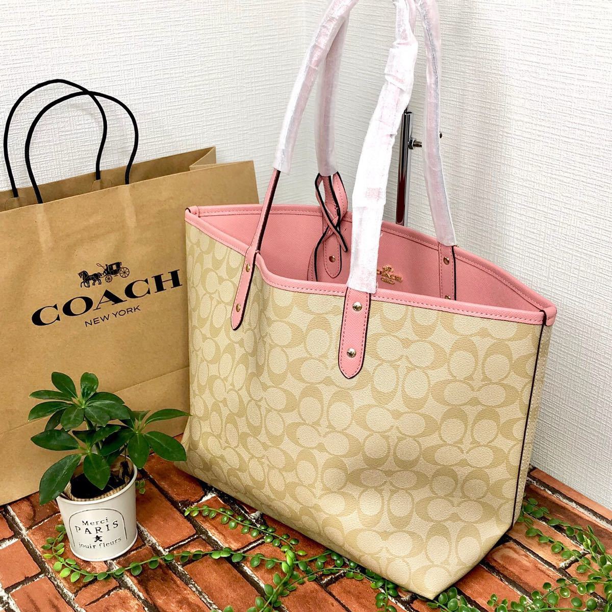 ≪新品≫COACH トートバッグ シグネチャー ライトベージュ×ピンク