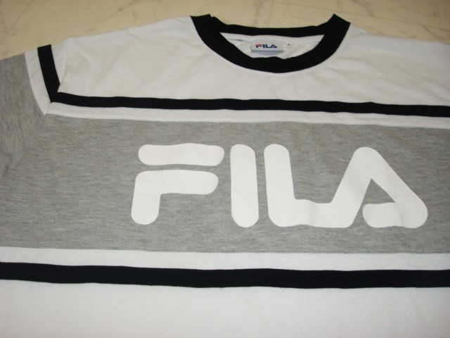 * FILA filler men's large Logo line entering short sleeves T-shirt tops white gray black black line L size polyester cotton 