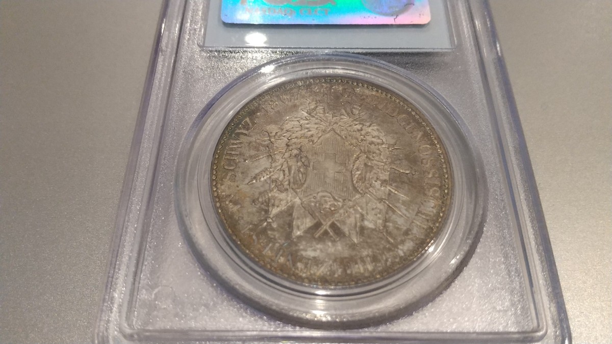 1867年 スイス連邦射撃祭記念 シュヴィーツ 5フラン 銀貨 PCGS MS64