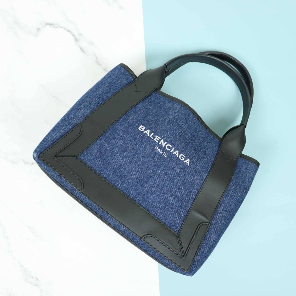 美品 Balenciaga バレンシアガ ハンドバッグ Navy Cabas S デニム レディース S金具 (00964)