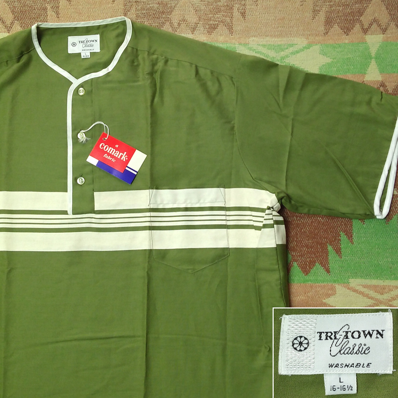 DEAD-STOCK 【TRI-TOWN】60s Green Striped Henley Shirt / 60年代 ヘンリーネック シャツ ノーカラー アイビー サーフ ヴィンテージ 50s